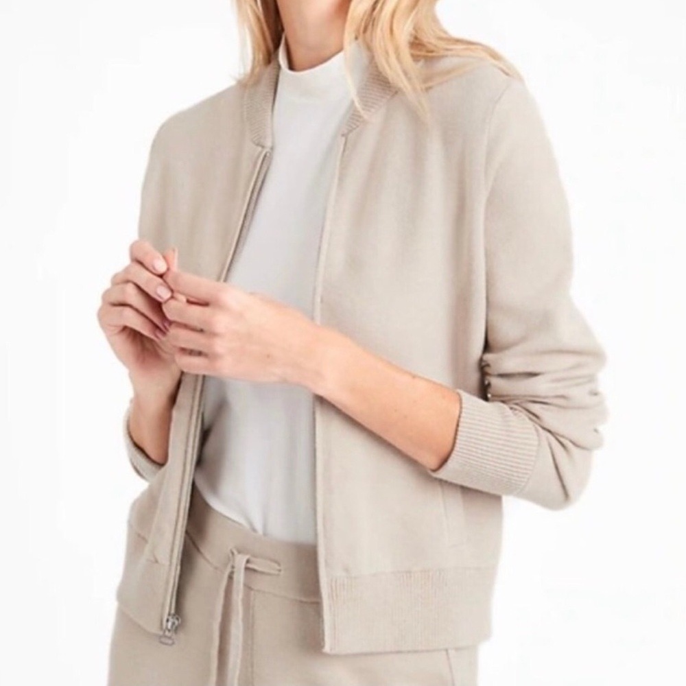 Banana Republic Milano Womens XXL Beige Knit Full‎ Zip Bomber Jacket Sweater Tan